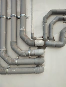 Close-up of interconnected gray metal pipes on an outdoor wall showcasing industrial design.